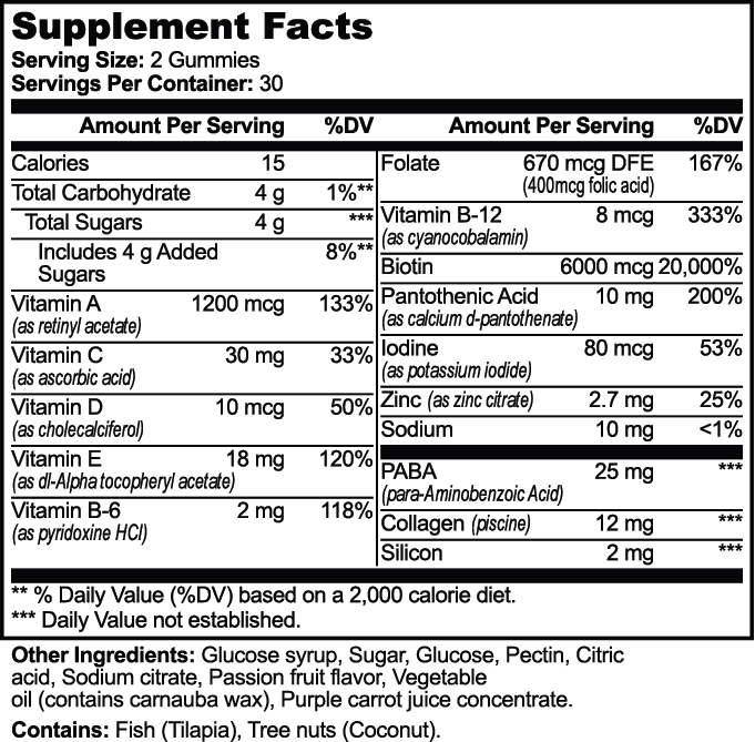Supplement Facts panel for Sorrelle Root & Radiance: serving size 2 gummies, 30 servings per container, with other ingredients and allergen statement.