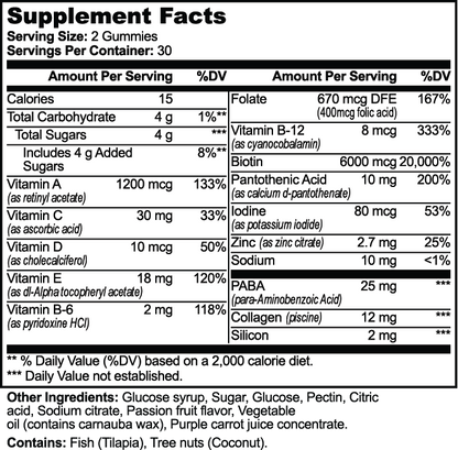 Supplement Facts panel for Sorrelle Root & Radiance: serving size 2 gummies, 30 servings per container, with other ingredients and allergen statement.