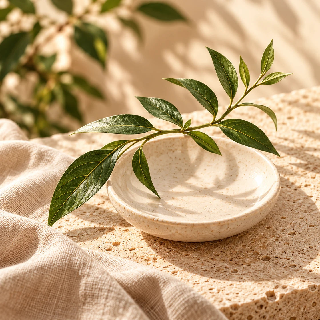 Botanical sprig over an ivory ceramic dish on limestone; symbolic ingredient editorial.
