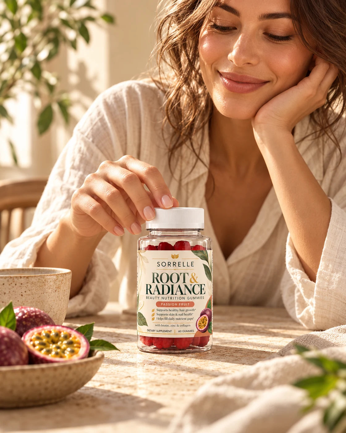 Woman reaching toward a Sorrelle Root & Radiance bottle at a sunlit breakfast table.