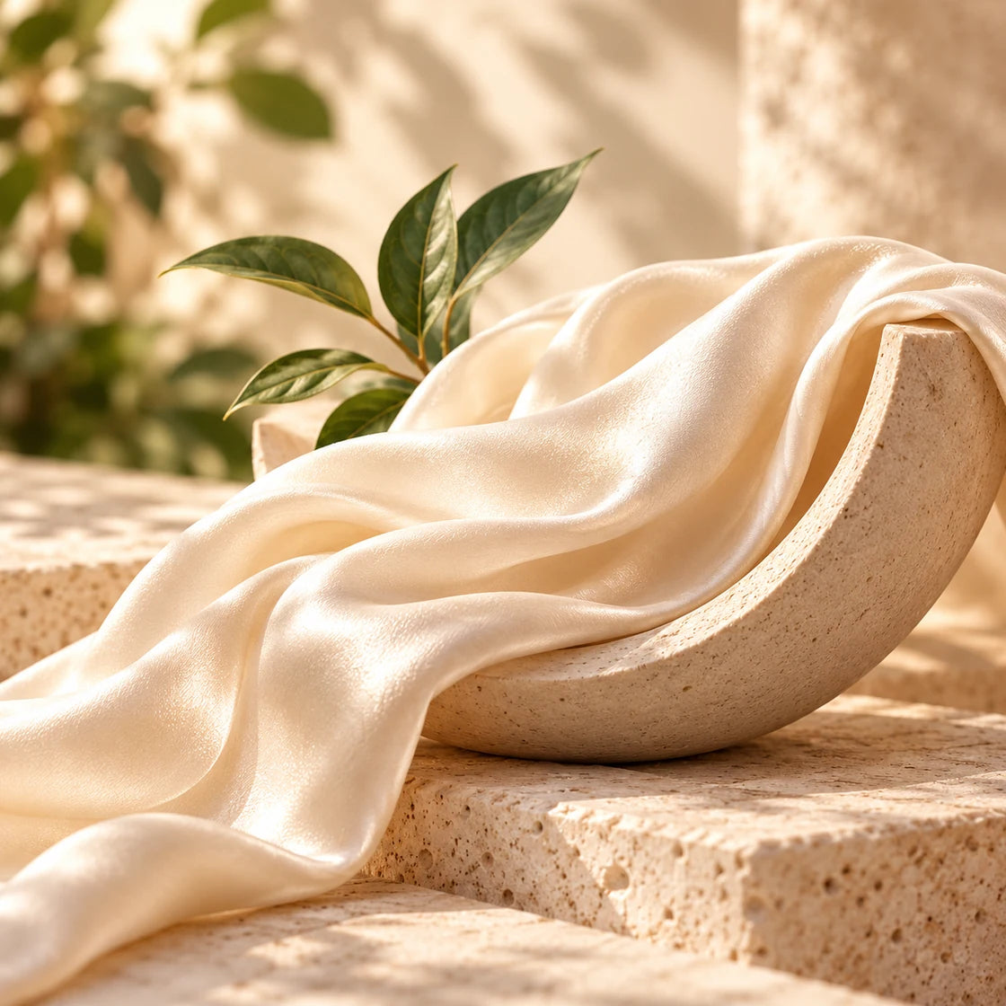 Ivory silk draped over a curved ceramic form; symbolic beauty nutrition editorial.