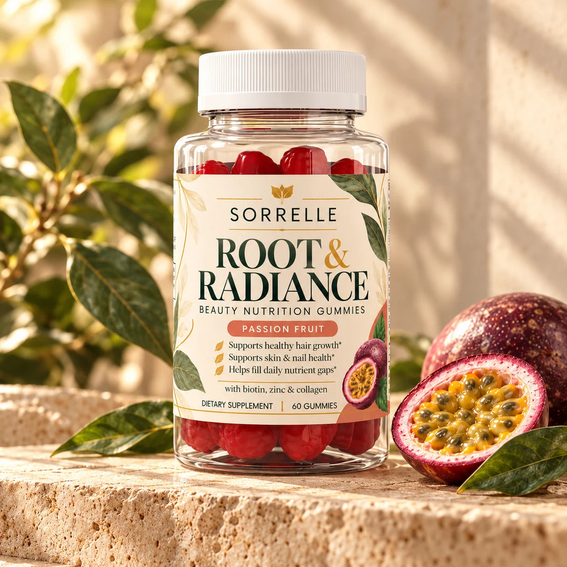 SORRELLE Root & Radiance beauty nutrition gummies, passion fruit flavor