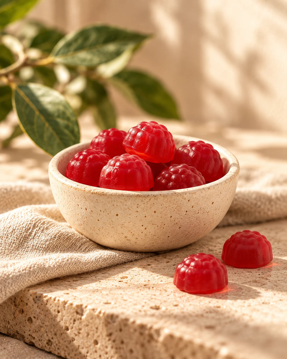 Red berry-shaped gummies in a handmade ceramic bowl on warm travertine.