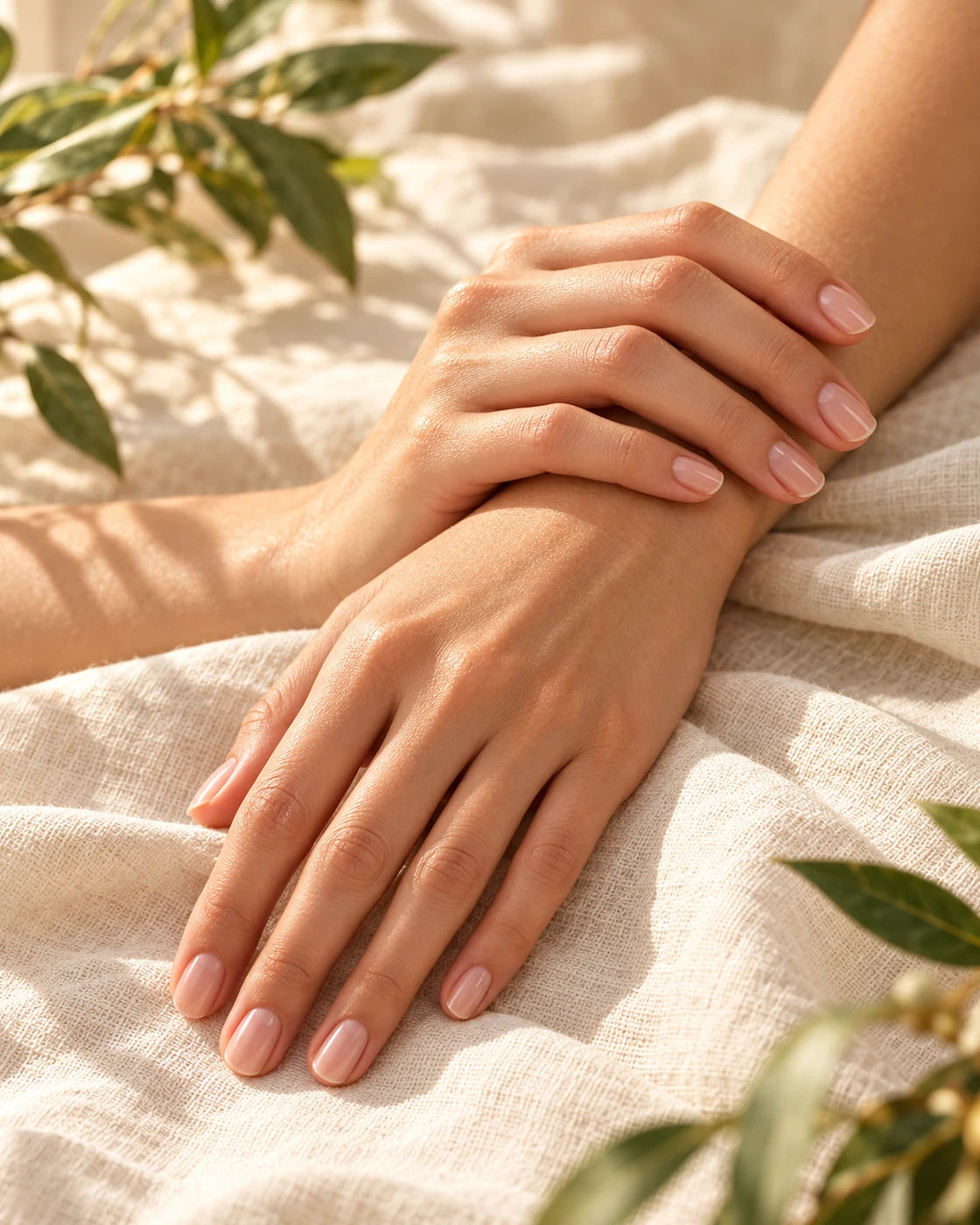 Naturally groomed hands and short polished nails resting on cream linen.