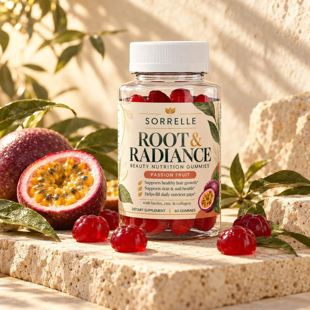 SORRELLE Root & Radiance bottle on a travertine ledge with passion fruit and red gummies