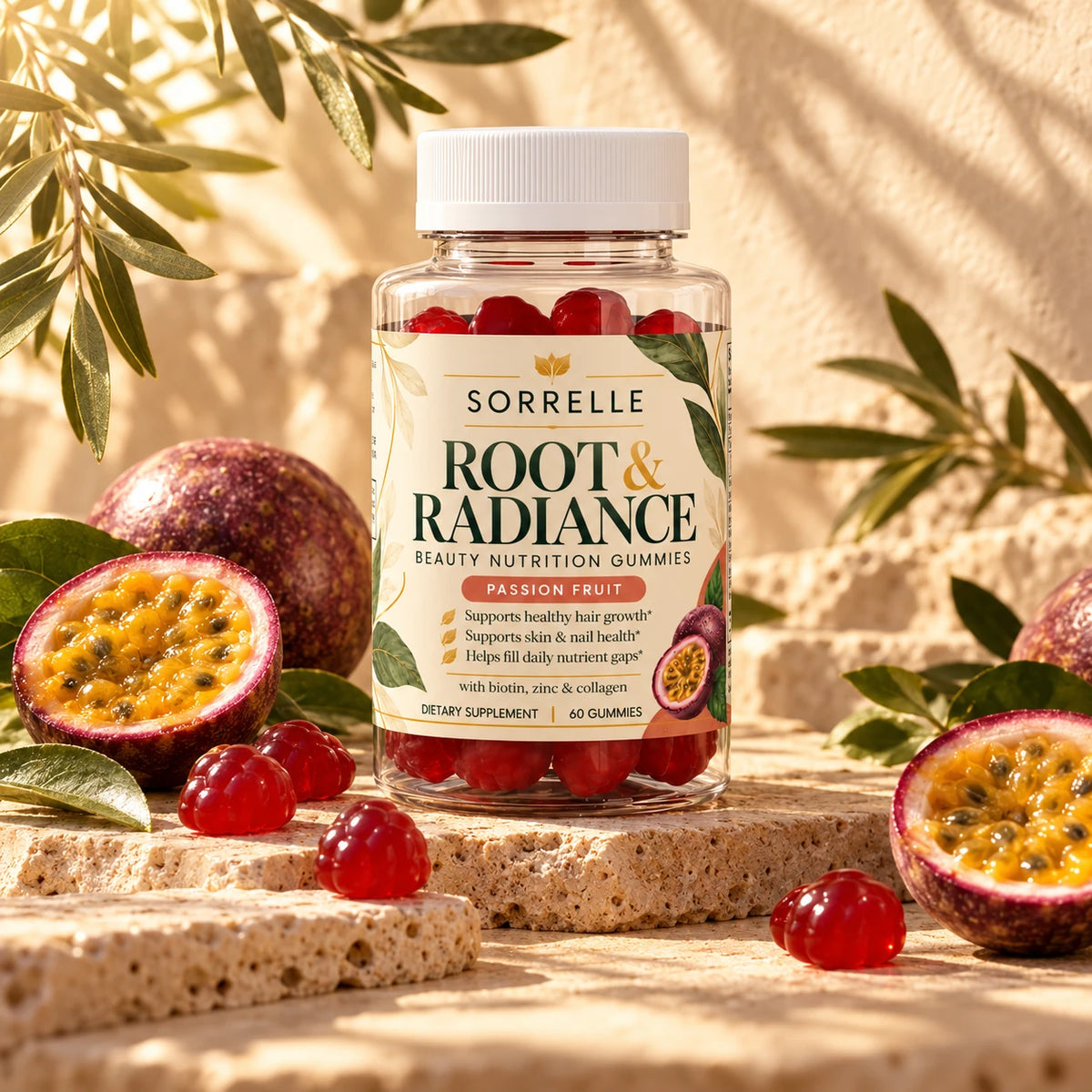 SORRELLE Root & Radiance bottle on travertine with halved passion fruit, red gummies and olive leaves in warm sunlight