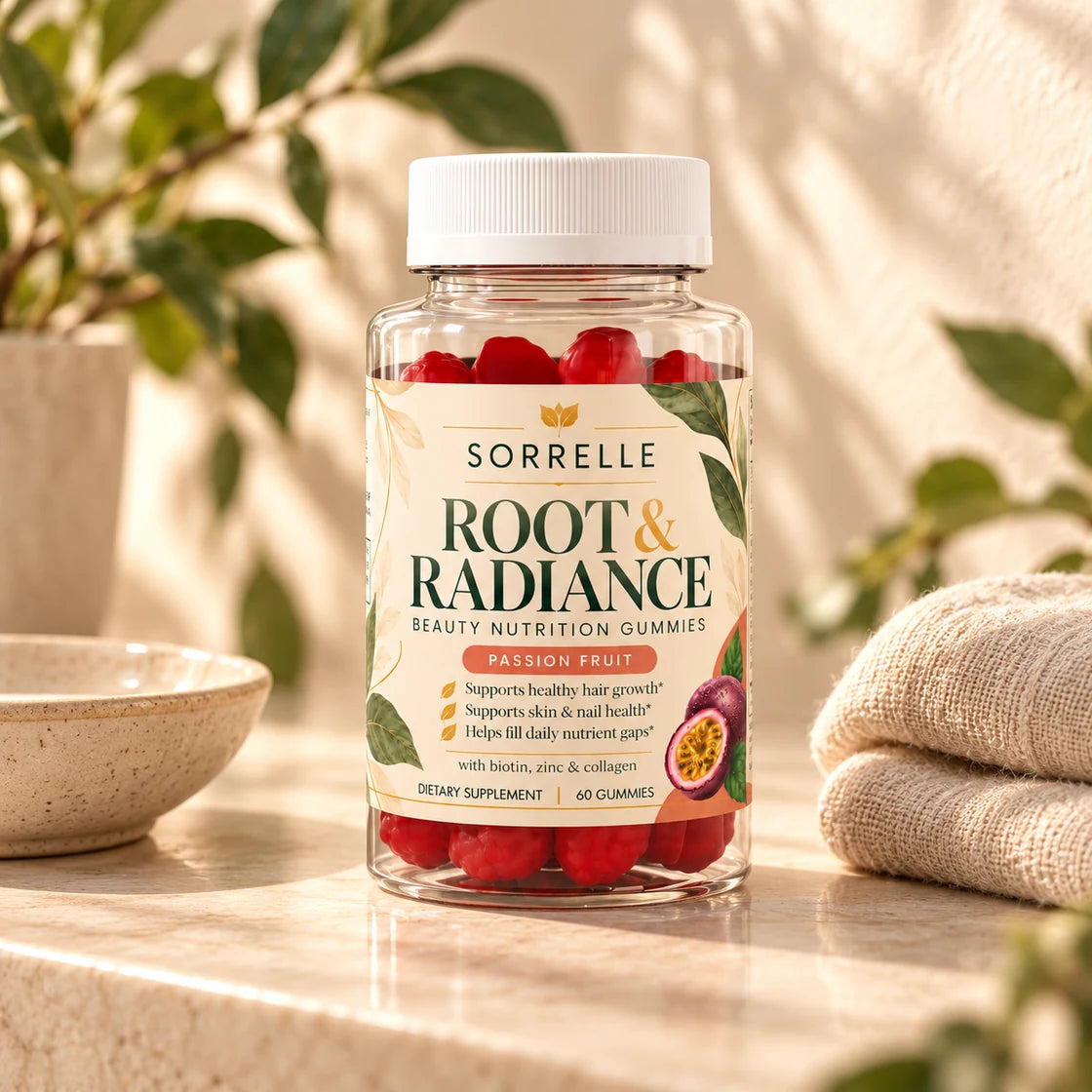 Sorrelle Root & Radiance bottle beside a ceramic dish and linen towel on a sunlit vanity.