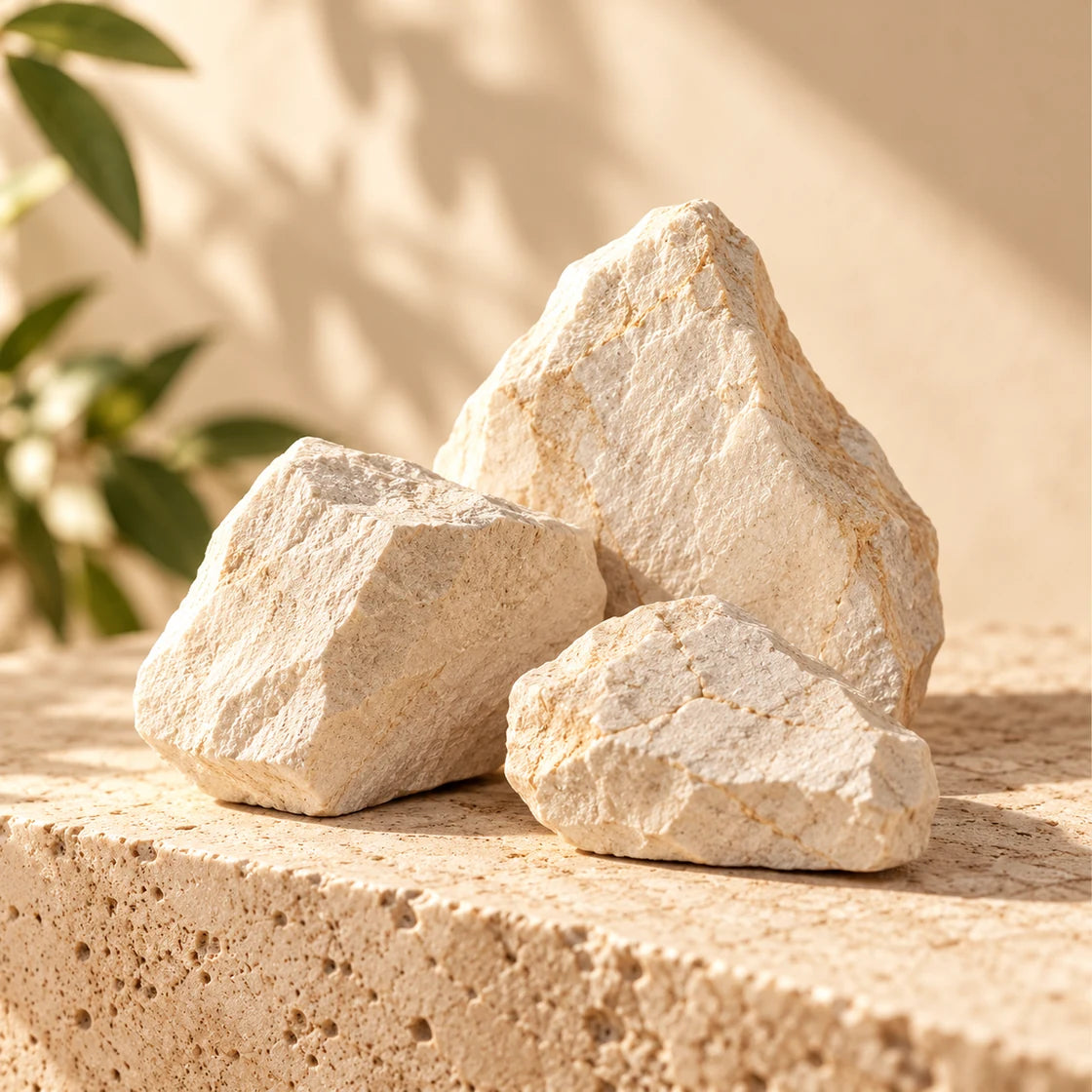 Warm ivory stones on travertine; mineral-inspired ingredient editorial.